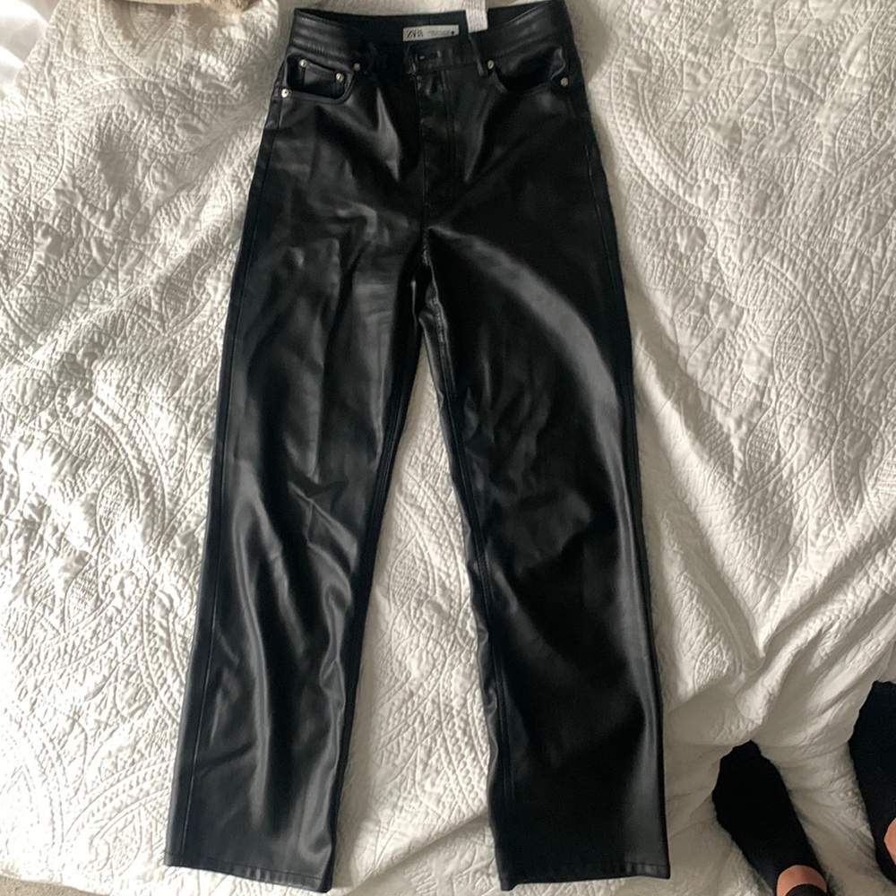 Zara Black Faux Leather Straight-Leg Pants